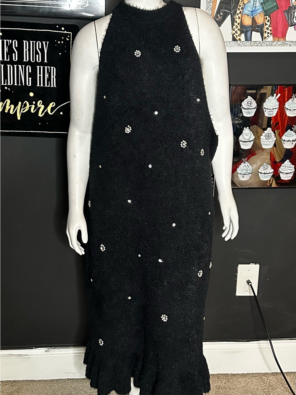 Black Embellished Halter Knit Dress
